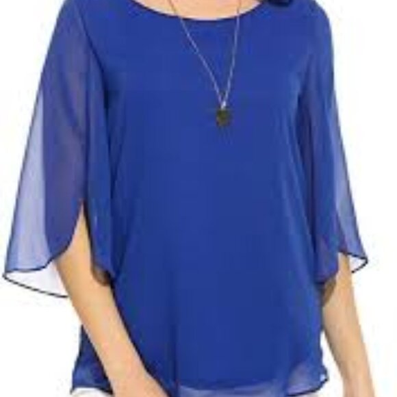 Royal Blue Casual ChiffonTop Scoop Neck 3/4 Sleeve Double Layer, Like New - Picture 1 of 10